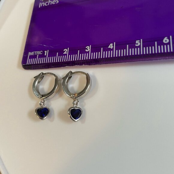 10KT White Gold with Created Blue Sapphire 5mm Heart Dangle Leverback Earrings - Picture 3 of 8